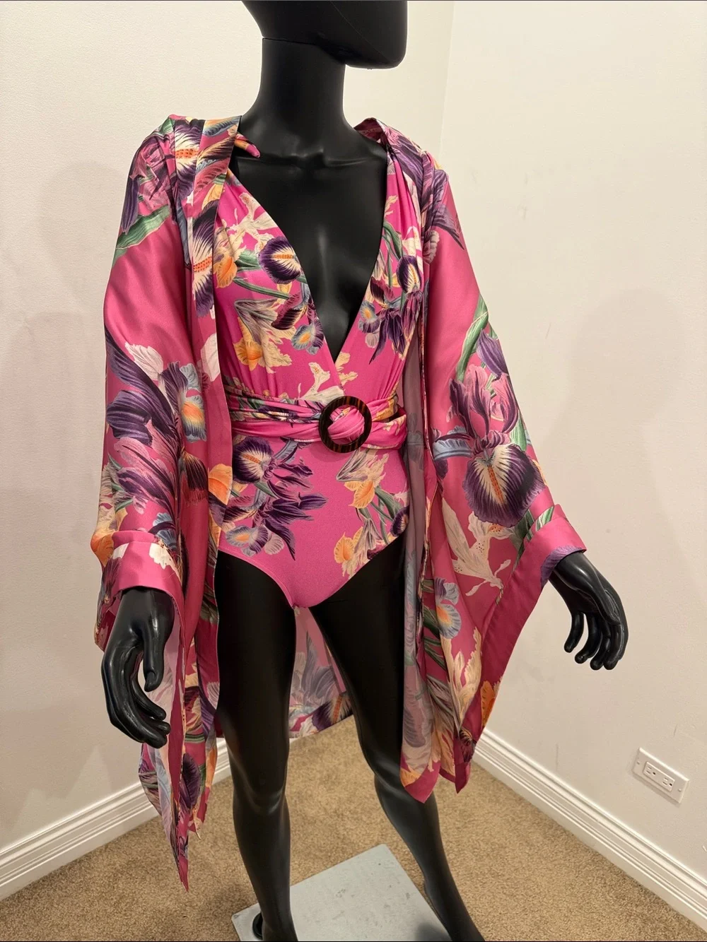 PatBO Iris Print Swimsuit & Matching Kimono Set Pink Resort Beachwear S NWT